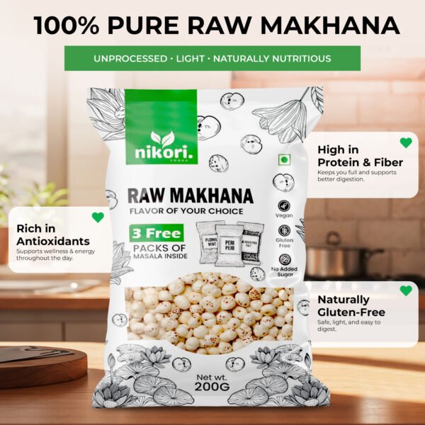 0000234 Nikori Premium Raw Makhana – 200 g with 3 Free Masala Sachets