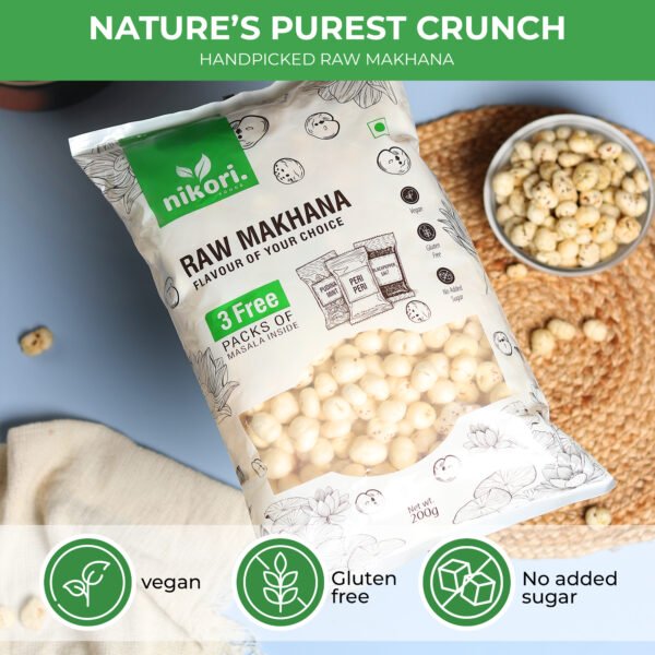 000025 Nikori Premium Raw Makhana – 200 g with 3 Free Masala Sachets