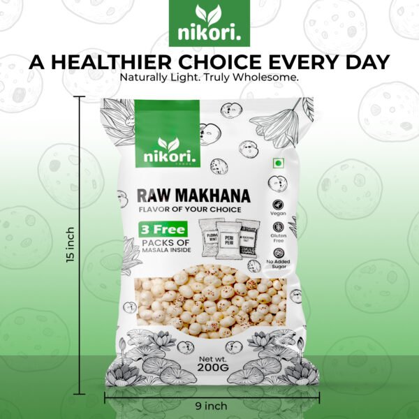 0000266 Nikori Premium Raw Makhana – 200 g with 3 Free Masala Sachets
