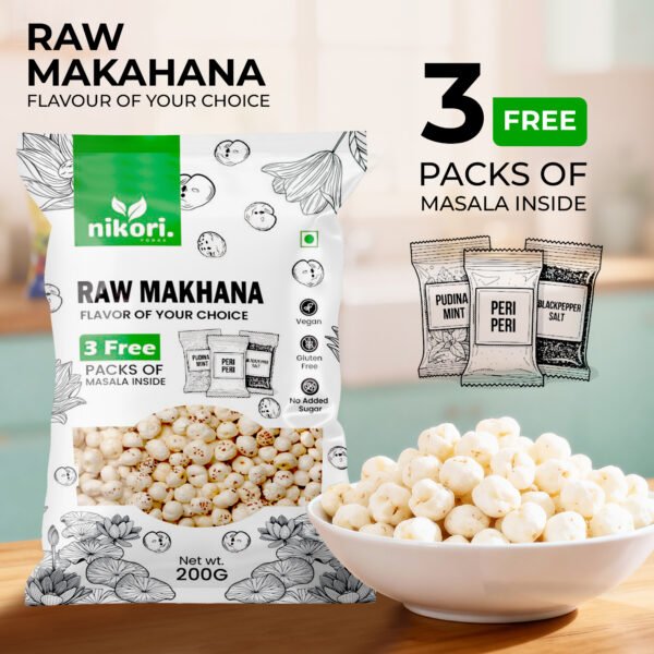 00022 Nikori Premium Raw Makhana – 200 g with 3 Free Masala Sachets