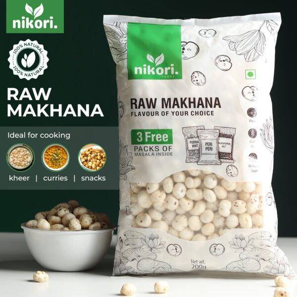 00024 Nikori Premium Raw Makhana – 200 g with 3 Free Masala Sachets