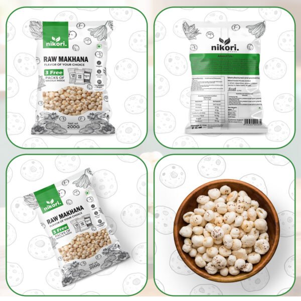 0002457 Nikori Premium Raw Makhana – 200 g with 3 Free Masala Sachets